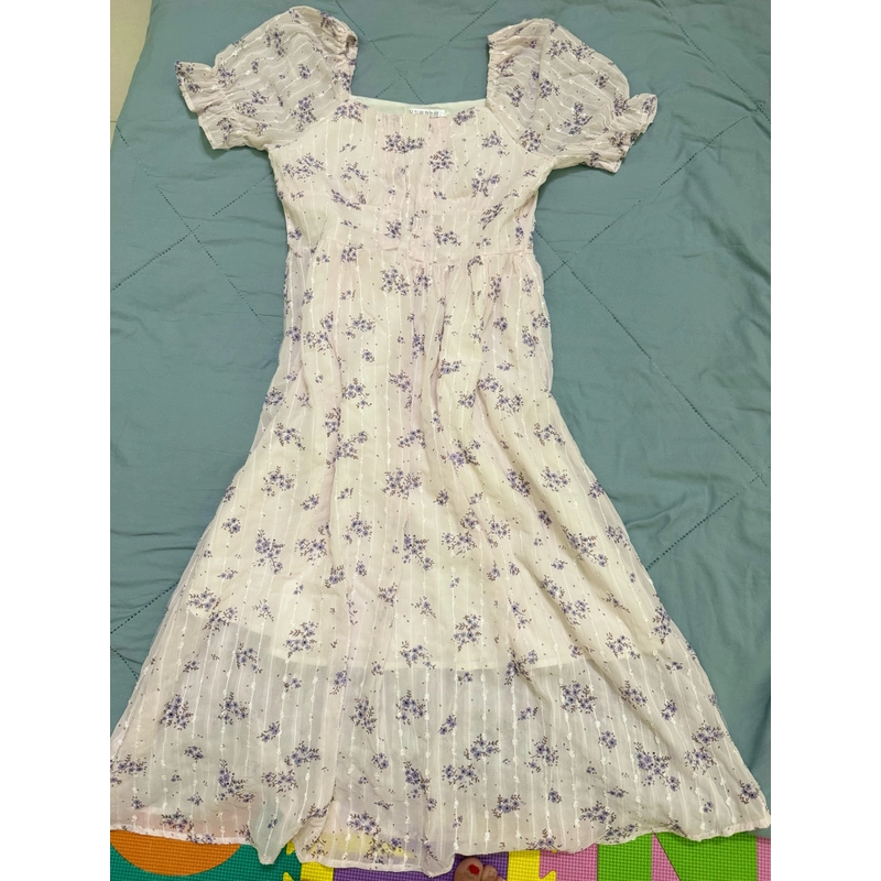 Đầm dài voan hoa tím tay phồng size S-M 463367