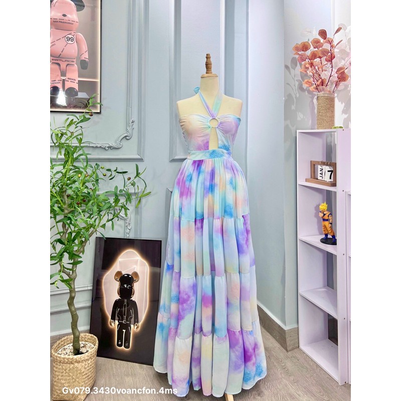 Gv079- đầm maxi ở ng tím xẻ, chất voan chiffon, 40-58kg 93161