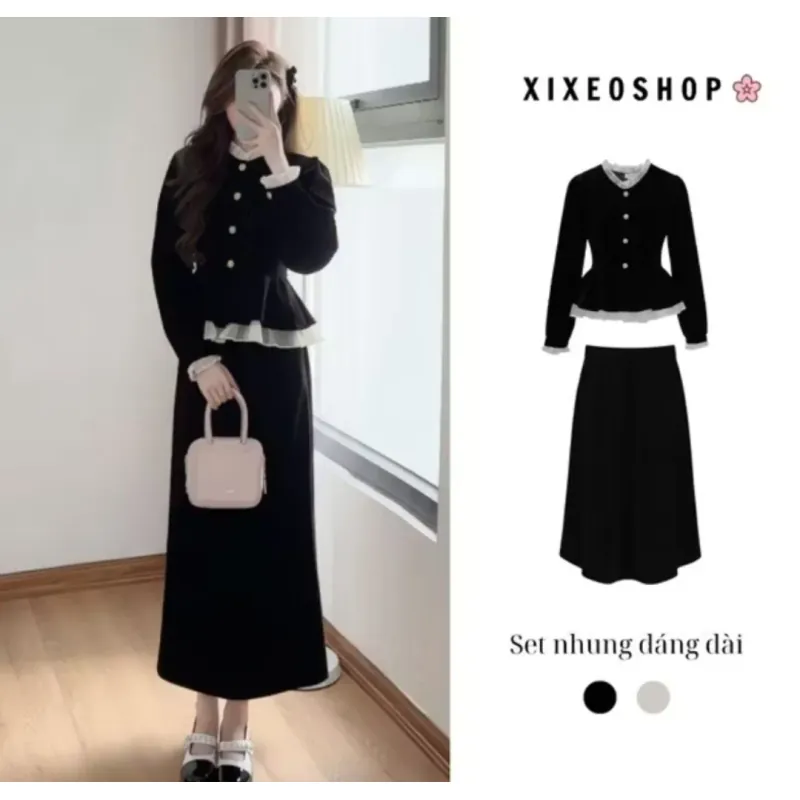 SET ÁO NHUNG DÀI TAY NỮ - SIZE S - ĐEN 745615