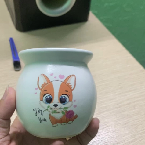 Chậu mini hình bầu dục màu trắng có hình cún dễ thương màu vàng, bề ngoài láng mịn
