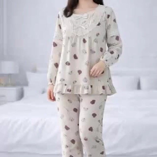 Bộ tiểu thư mặc nhà nữ phối bèo hình gấu dễ thương phôi rộng vải mềm mịn