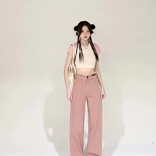 Quần jean nữ màu hồng cạp cao ống rộng size M