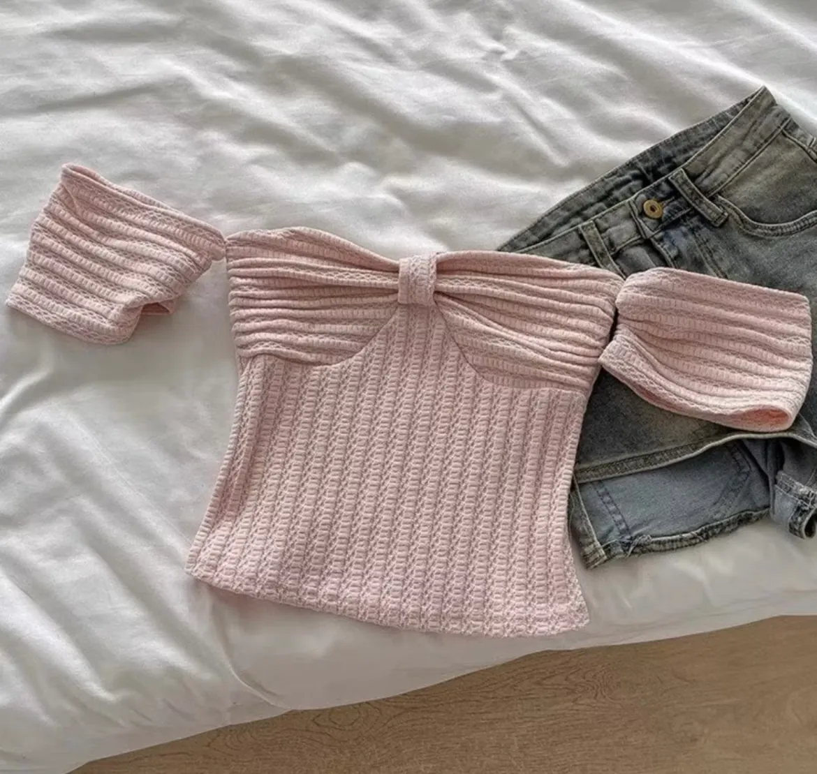 [SẴN] Áo len xốp croptop nơ ngực cổ vuông dáng ôm mặc 2 kiểu Ulzzang