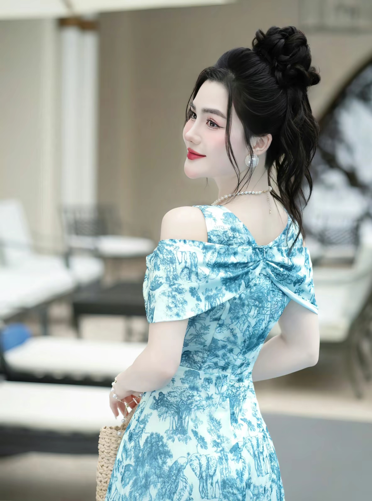 Váy tơ hàn 2 lớp thiết kế xoè nhẹ trễ vai đính hoa đẹp mắt dành cho nữ 501624