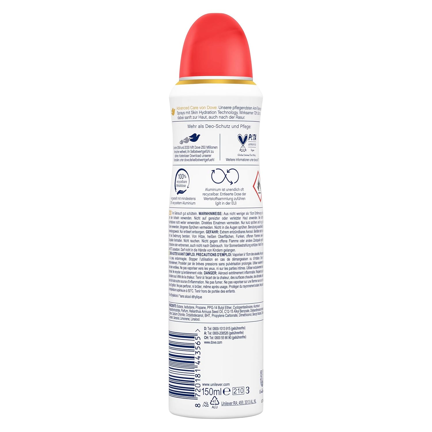 Xịt khử mùi mồ hôi hương Đào Dove Advanced Care Original Skin Hydration Technology 72H 547525