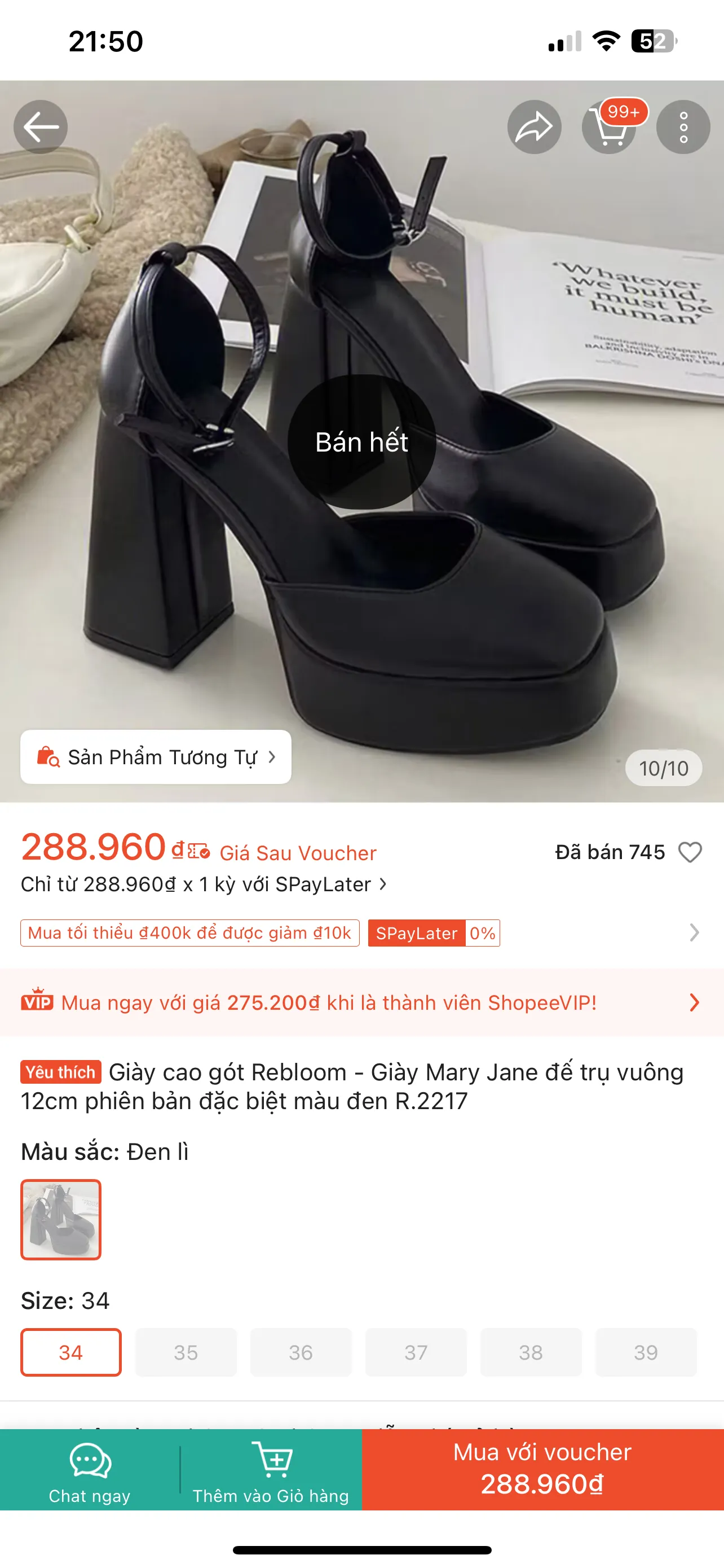 Giày cao gót Rebloom Mary Jane đế trụ vuông màu đen size 34