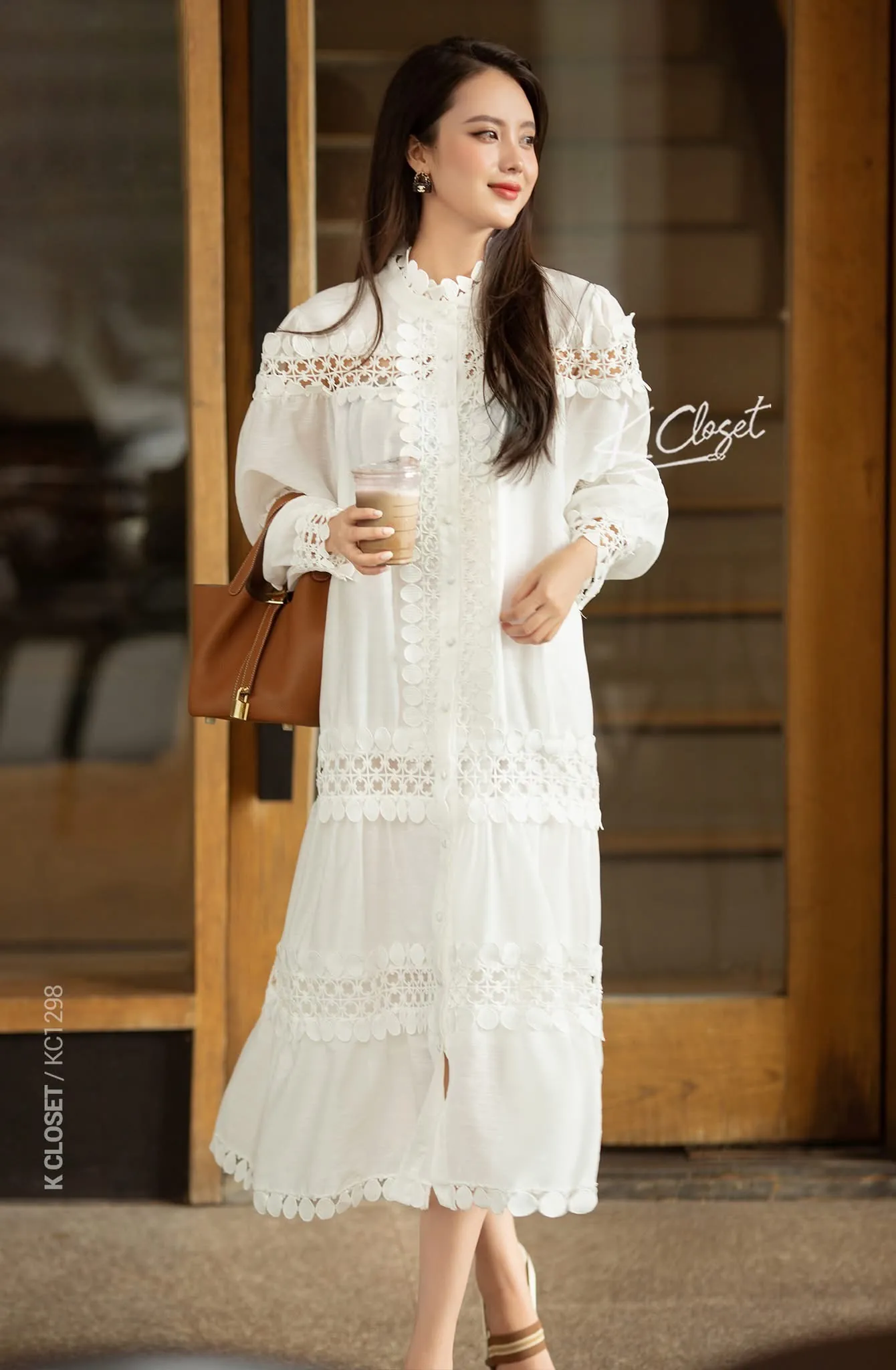 Đầm công sở nữ cổ điển phối ren màu trắng phong cách Hàn Quốc