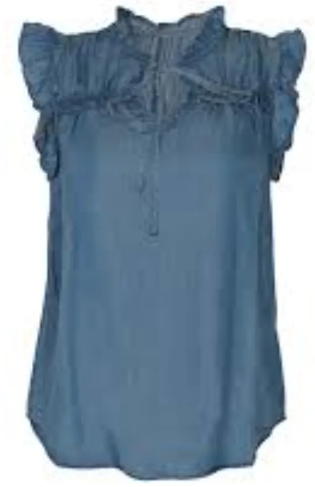 Áo nữ Denim xanh đậm phối bèo cổ váy đi chợ dạo phố