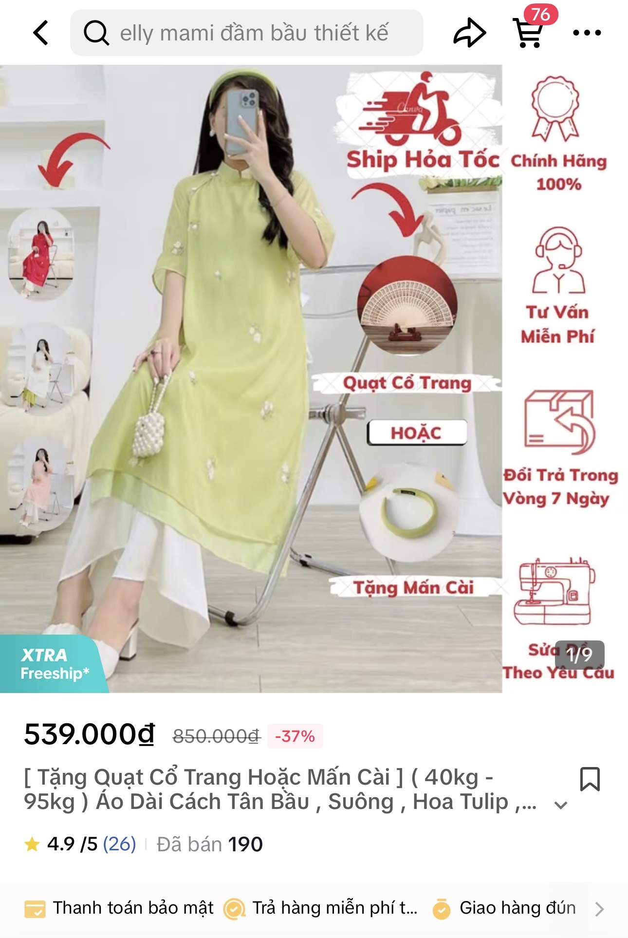 Áo dài cách tân + mấn cài sz L (65-75kg) Elly Mami màu xanh quần kem trắng 362740