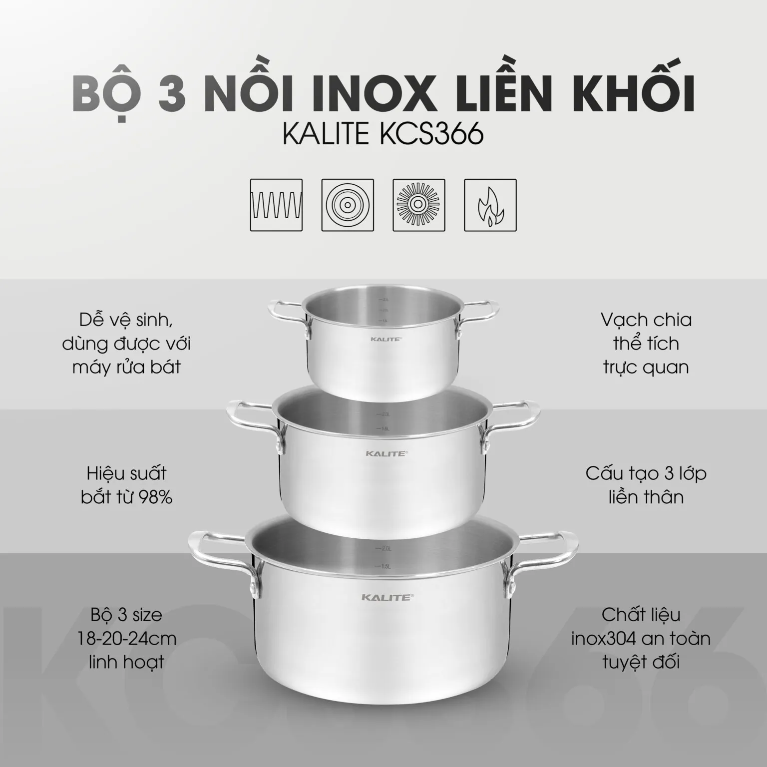 Bộ 3 nồi inox liền khối KALITE KCS366 – Bộ 3 size 18-20-24cm linh hoạt