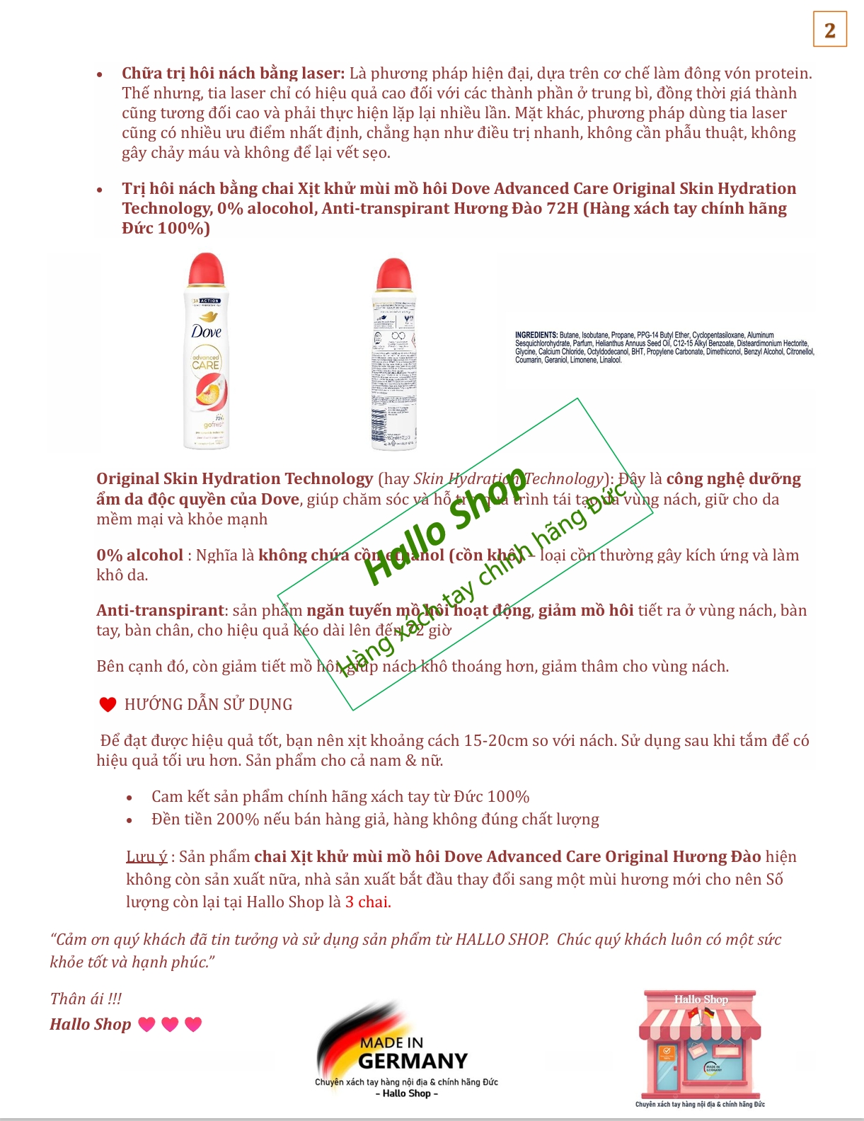 Xịt khử mùi mồ hôi hương Đào Dove Advanced Care Original Skin Hydration Technology 72H 547525