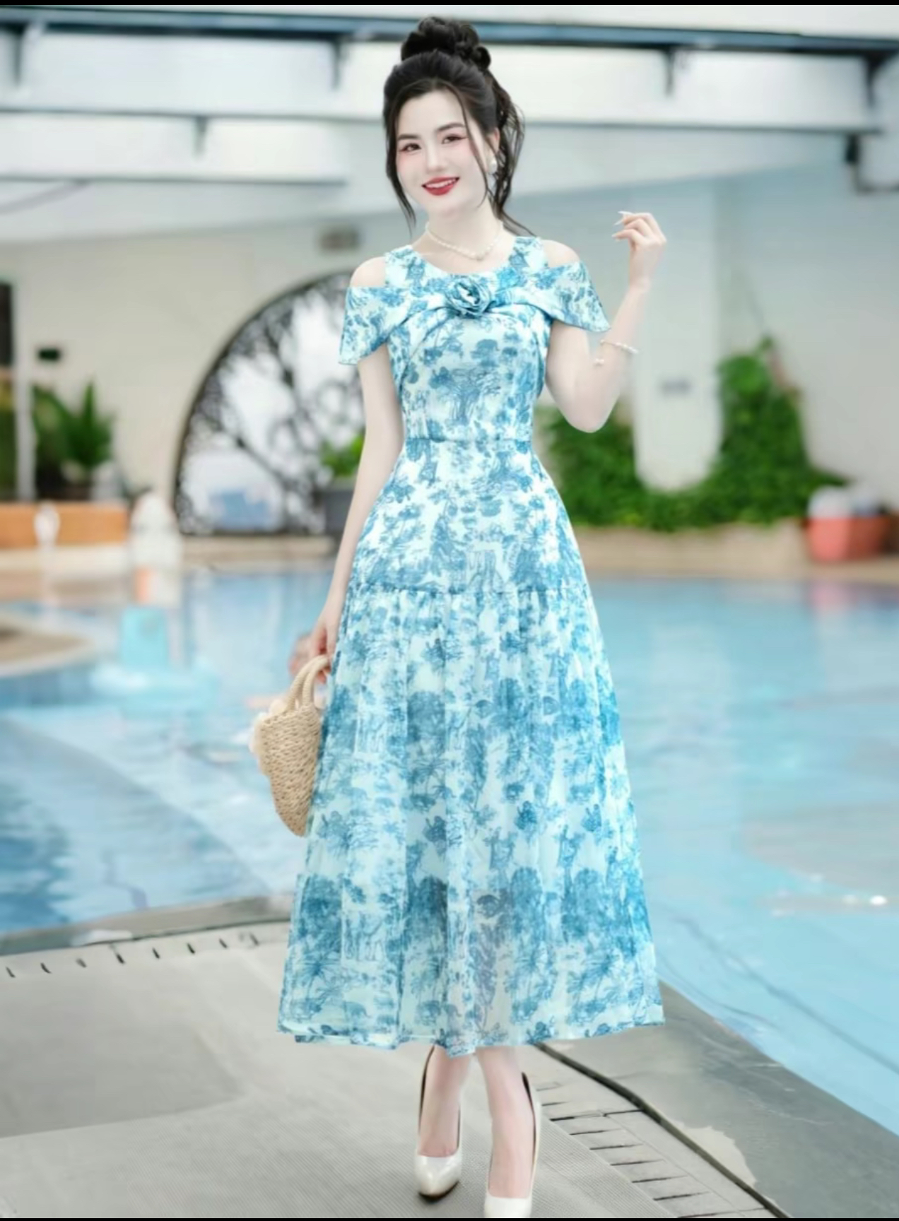 Váy tơ hàn 2 lớp thiết kế xoè nhẹ trễ vai đính hoa đẹp mắt dành cho nữ