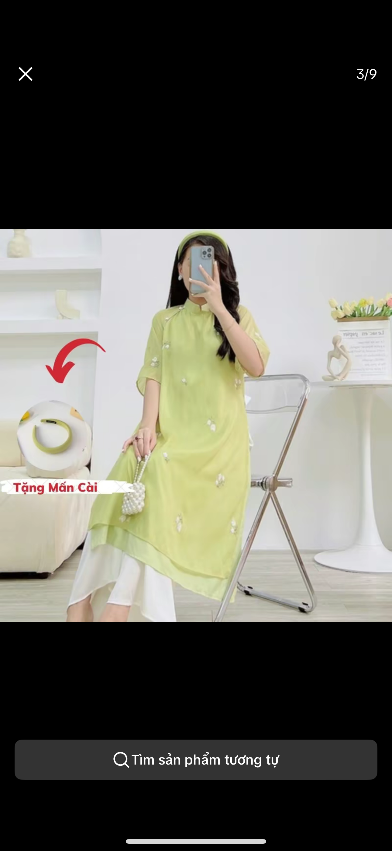 Áo dài cách tân + mấn cài sz L (65-75kg) Elly Mami màu xanh quần kem trắng