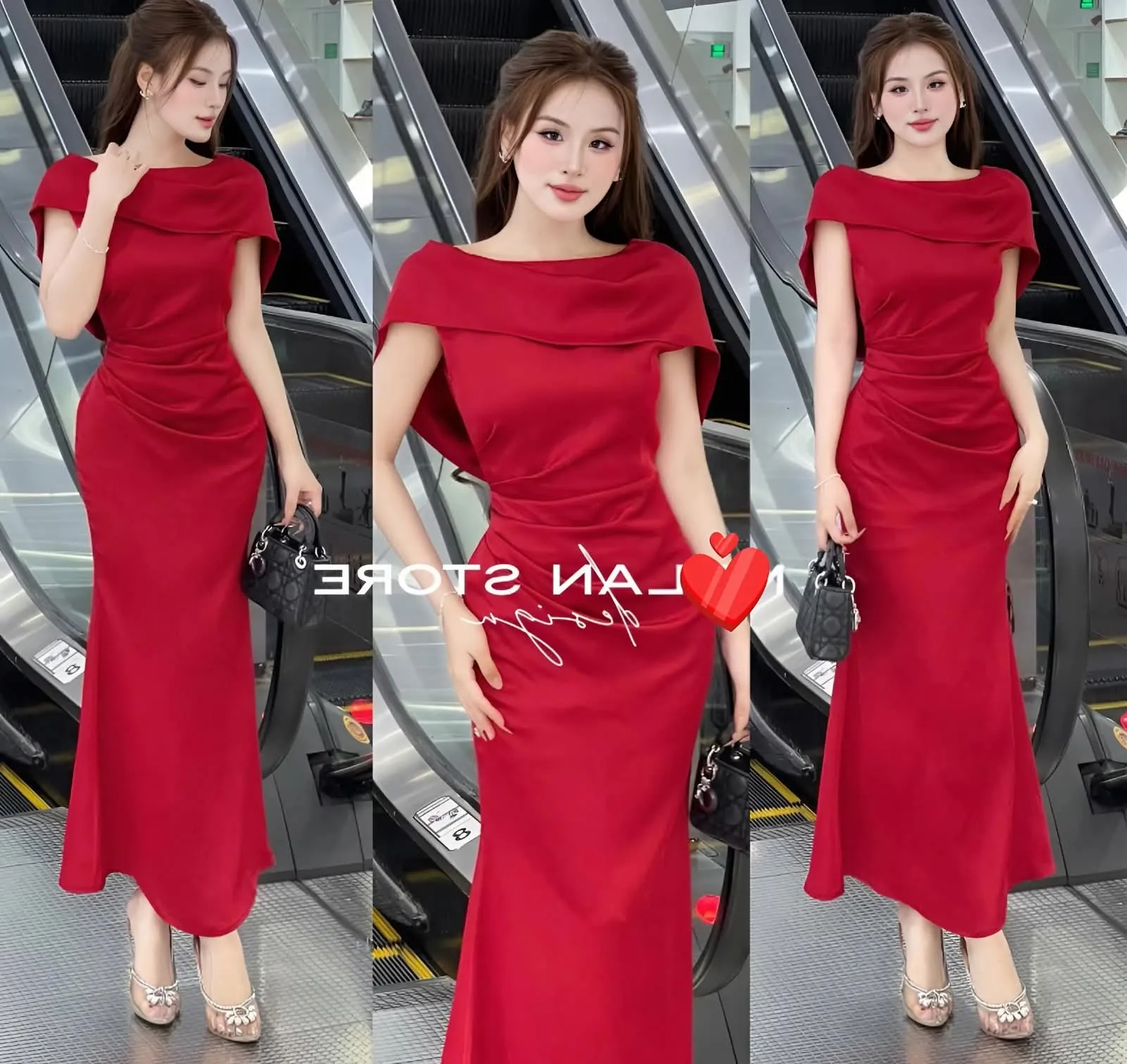 Đầm dạ hội suông dài cổ tròn tay cánh tiên màu đỏ