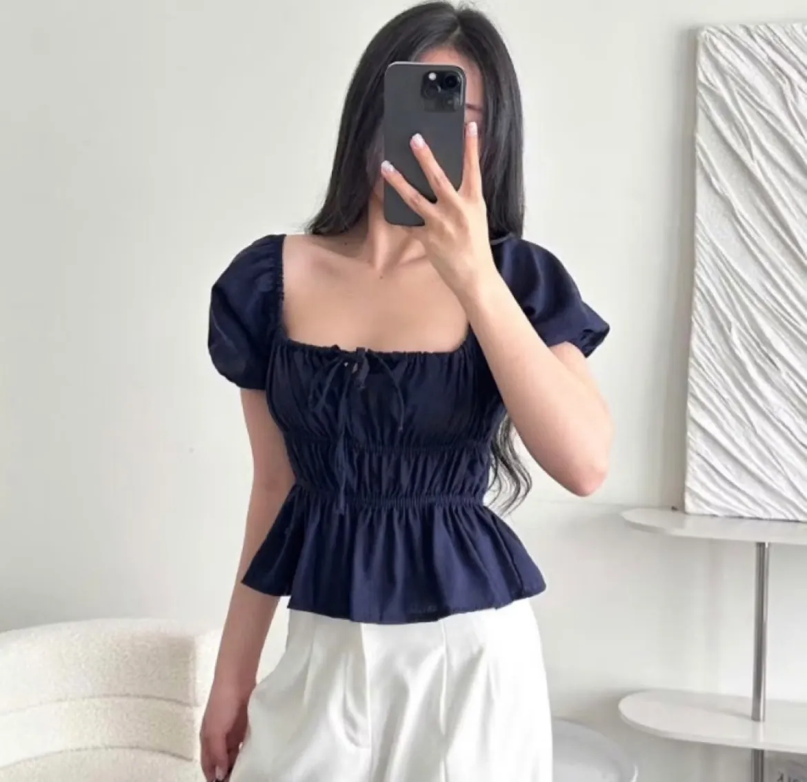 Áo babydoll linen kiểu xinh tay phồng tiểu thư công chúa bo thân nơ coquette ngực xinhxắn