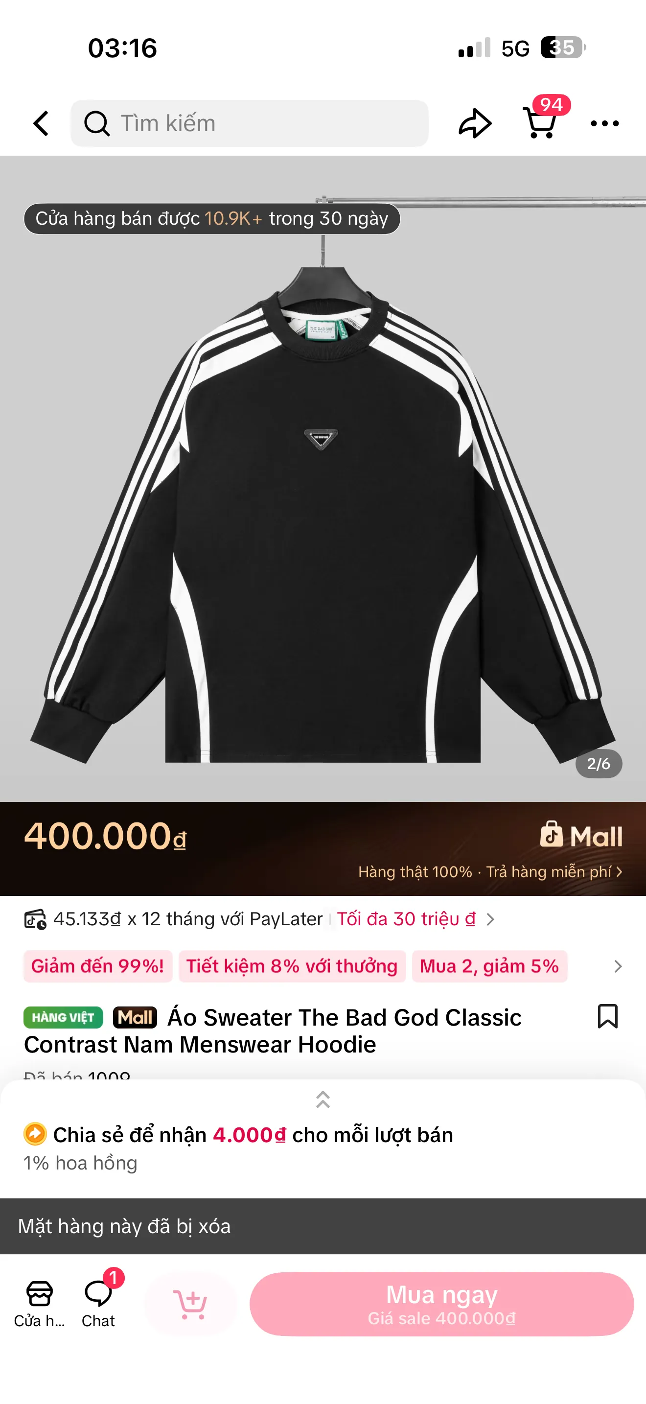 Áo sweater nam The Bad God classic màu đen phối sọc trắng