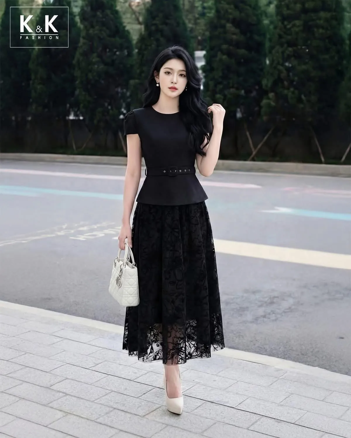 Váy nữ chiffon dáng dài phối ren họa tiết đen size M