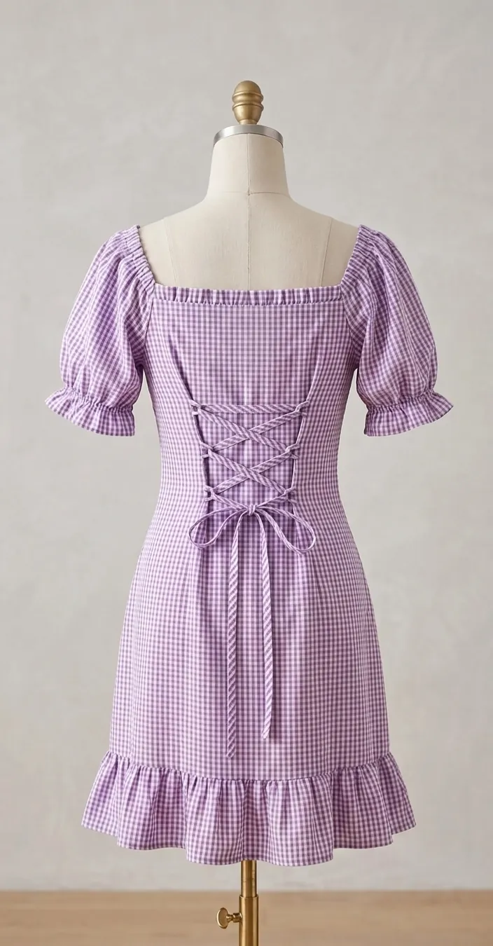 Váy Gingham Đan Lưng Cổ Vuông