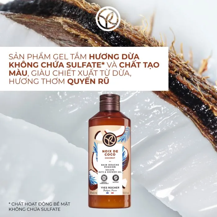 Yves Rocher Gel tắm Hương Dừa không chứa sulfate chính hãng còn mới