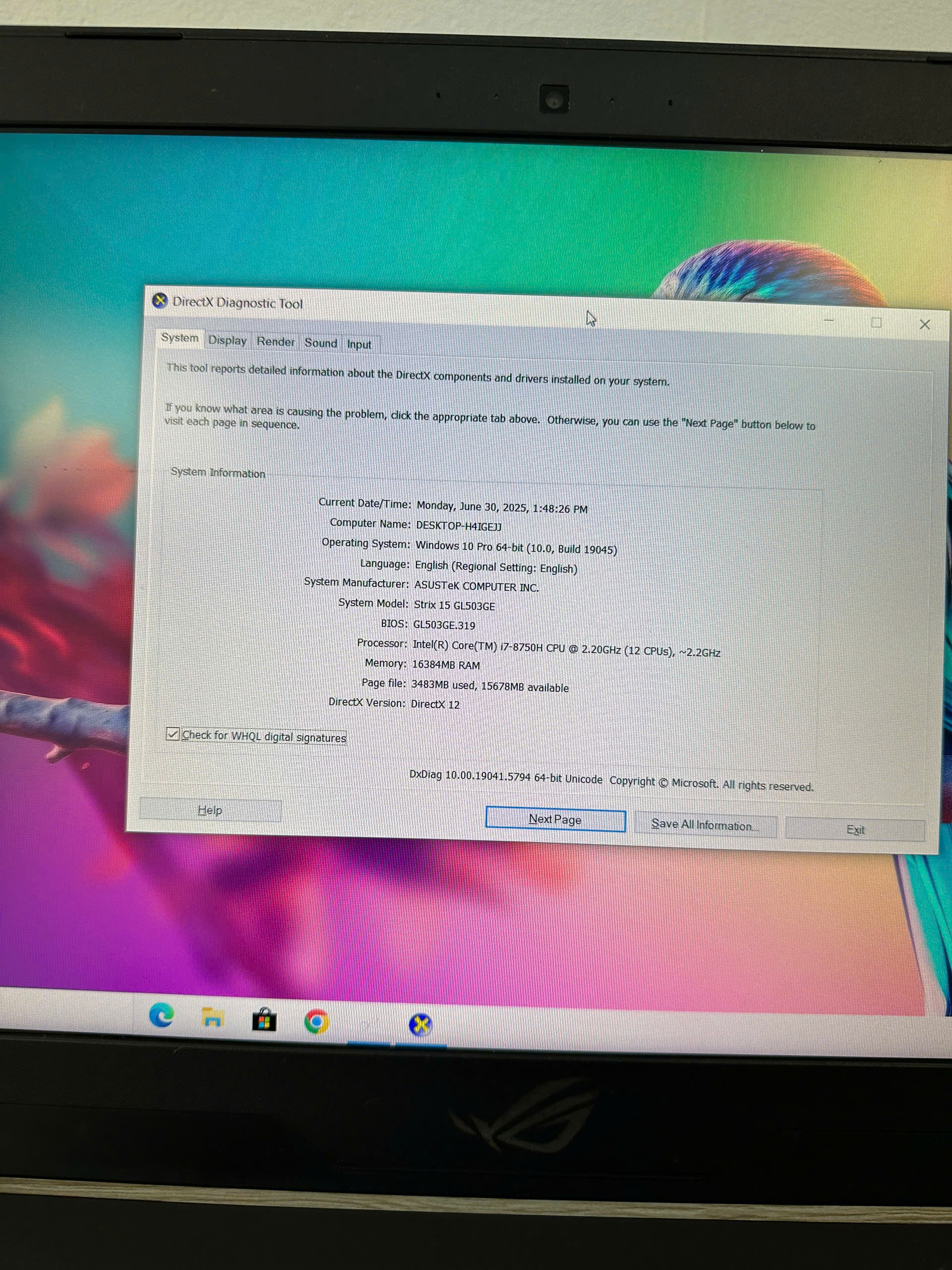 ASUS ROG GL503GE I7-8750H-16GB-1050TI-LED RGB 494566