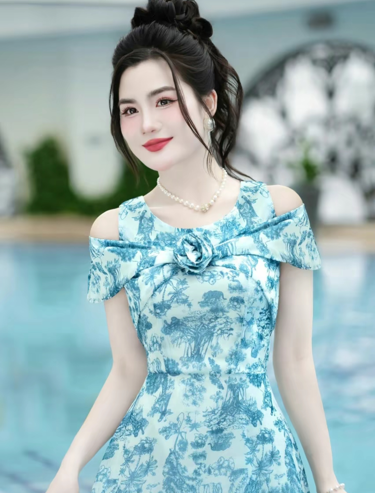 Váy tơ hàn 2 lớp thiết kế xoè nhẹ trễ vai đính hoa đẹp mắt dành cho nữ 501624