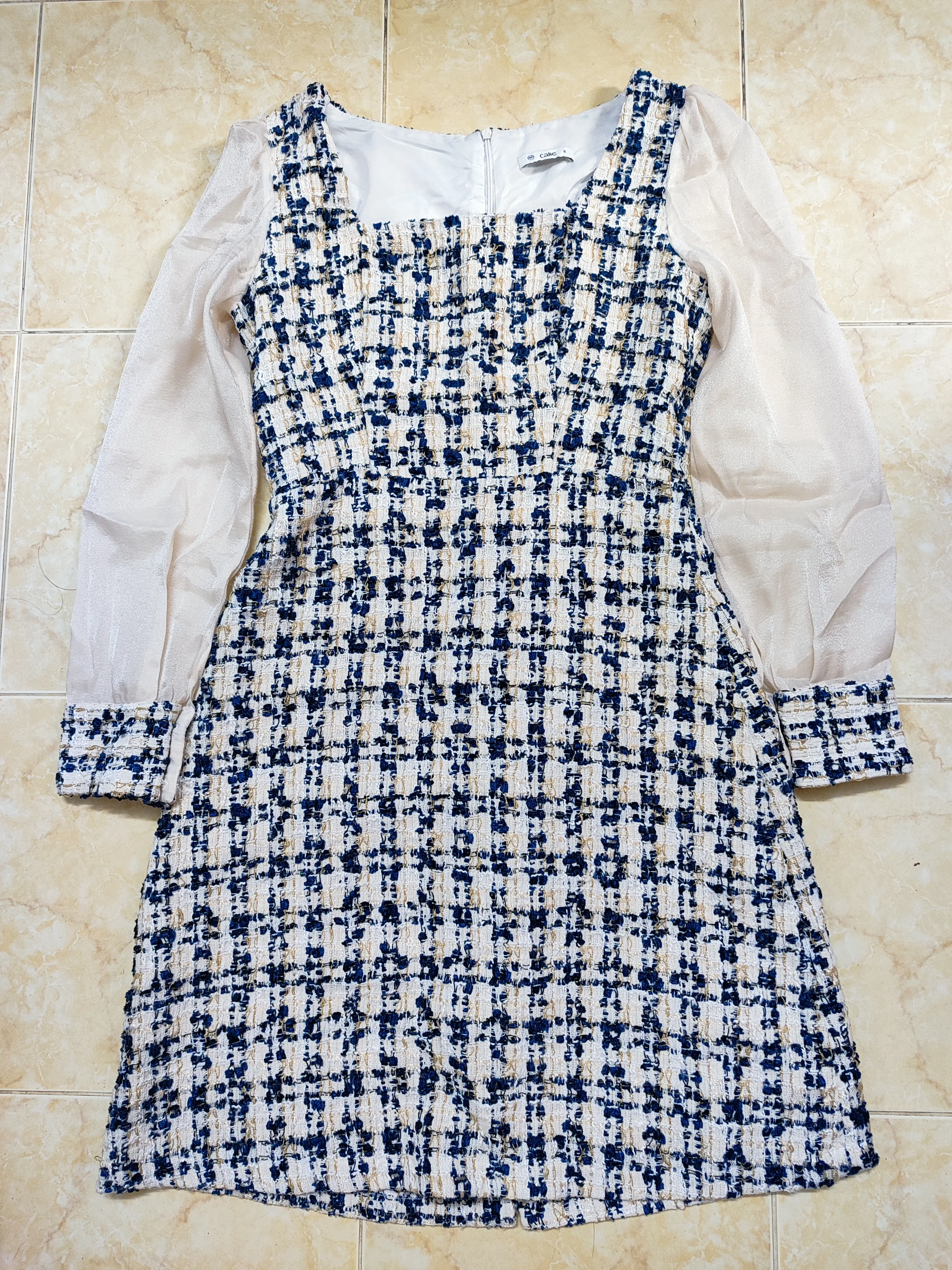 Đầm vải dạ caro tay voan kim tuyến dáng dài đi tiệc, đi chơi, đi làm còn mới 99%