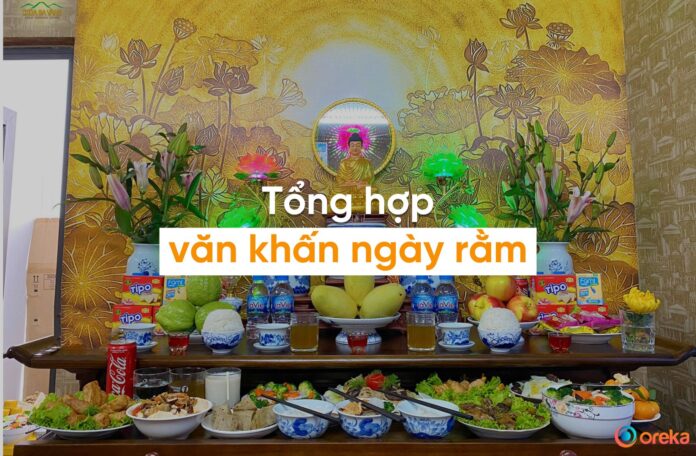 văn khấn ngày rằm, hình ảnh mâm cúng ngày rằm tươm tất, đủ đầy với các món mặn, hoa quả, rượu, v.v.