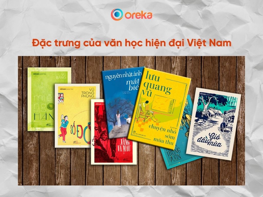 Đặc trưng của văn học hiện đại Việt Nam, hình ảnh các cuốn sách Miếng ngon Hà Nội, Số đỏ, mắt biếc, Chuyện nhỏ sớm mùa thu, gió đầu mùa, ... đang nằm trên bàn 