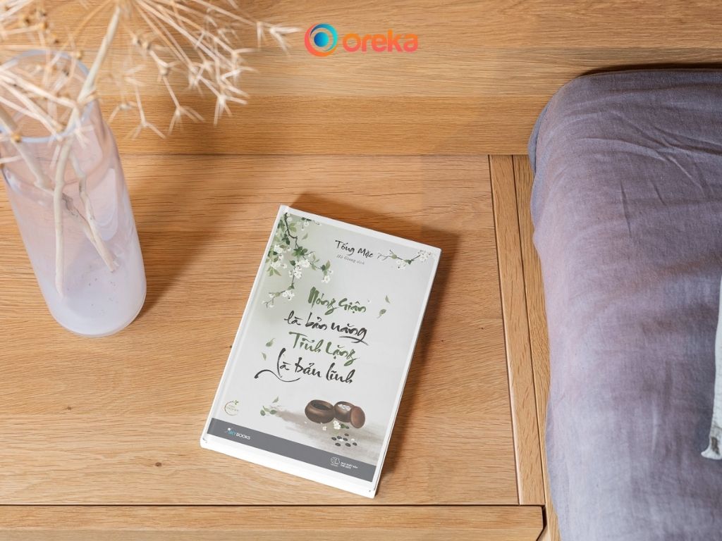 Review Sách Nóng Giận Là Bản Năng Tĩnh Lặng Là Bản Lĩnh 2 Sách Nóng giận là bản năng, tĩnh lặng là bản lĩnh review. Hình ảnh cuốn sách được đặt trên tủ gỗ đầu giường, bên cạnh có một bình hoa khô